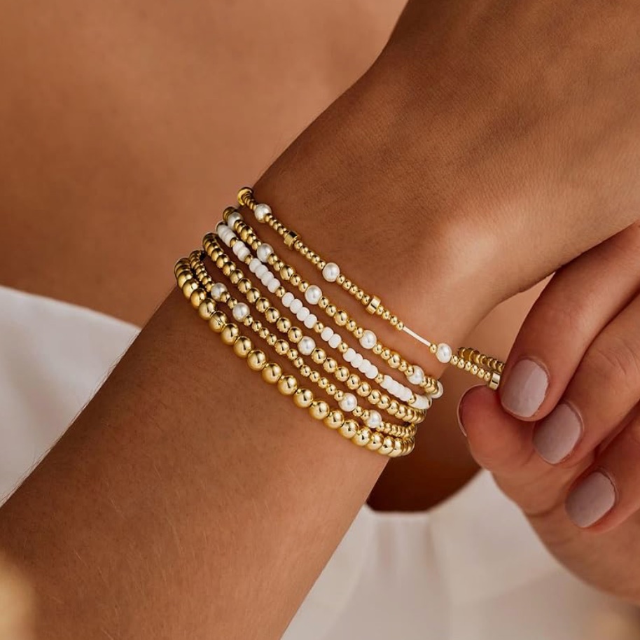Elegant Gold-Plated Gold And White Beaded Bracelet Set